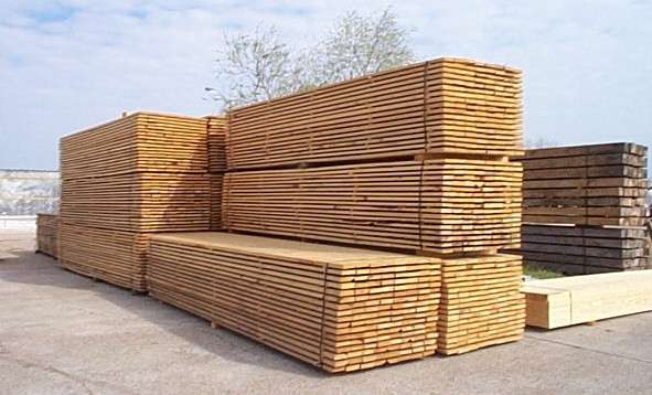 Bundled dimensional lumber prepared for truck shipping
